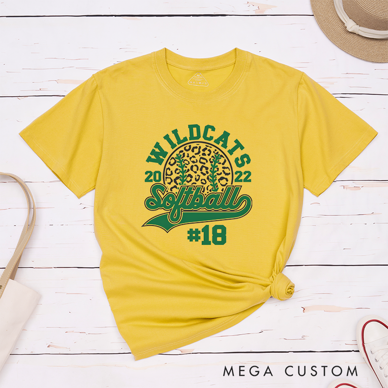 Personalized Customizable Softball Team T-Shirt Design Featuring Bold Arched Team Name Leopard Print Softball Graphic Stylized Script Text for Softball and Custom Player Number
