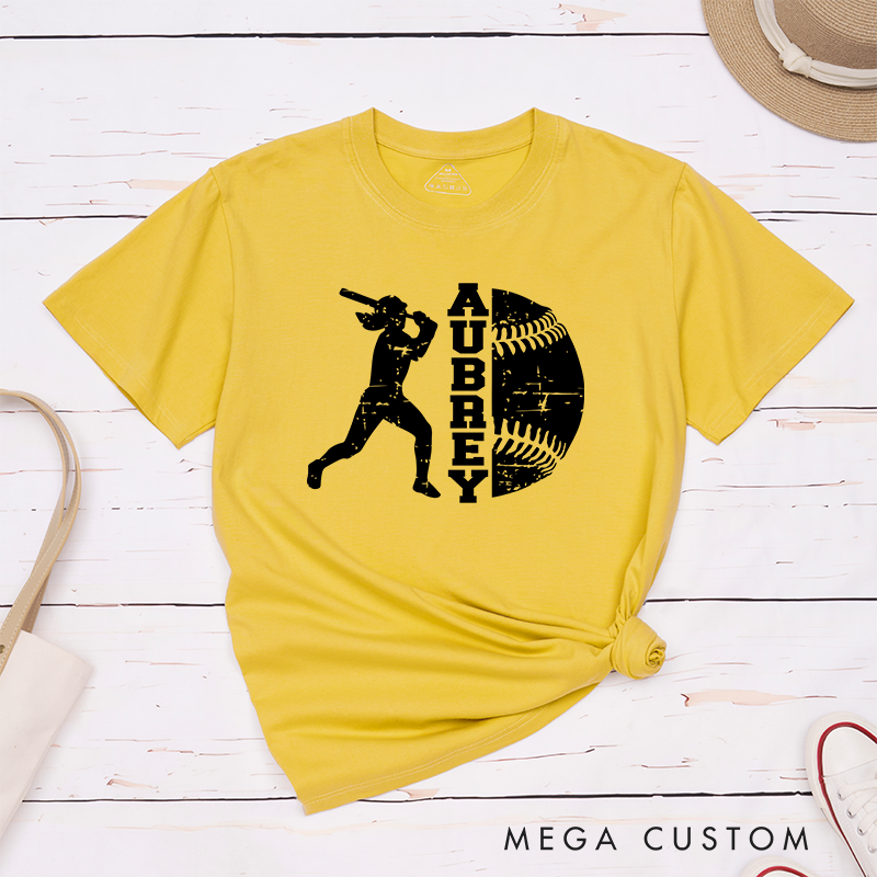 Personalized Softball Player T-Shirt Design Featuring Batter Silhouette Distressed Softball Graphic and Customizable Name Text