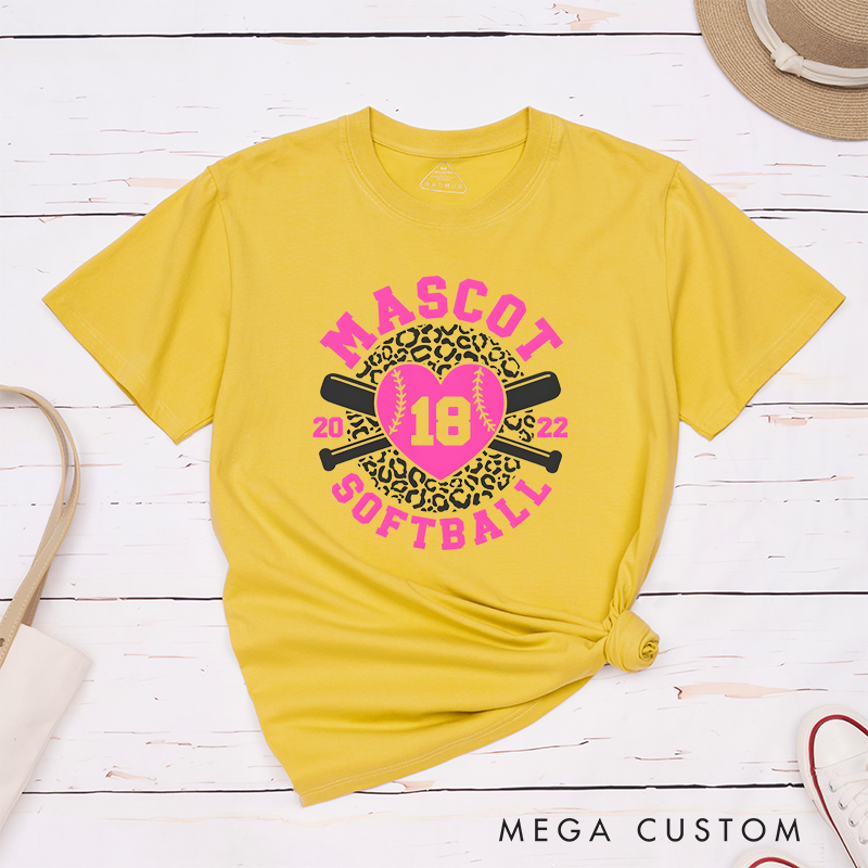 Personalized Softball Team T-Shirt Design Featuring Customizable Team Name Leopard Print Heart-Shaped Softball Graphic Crossed Bats and Player Number