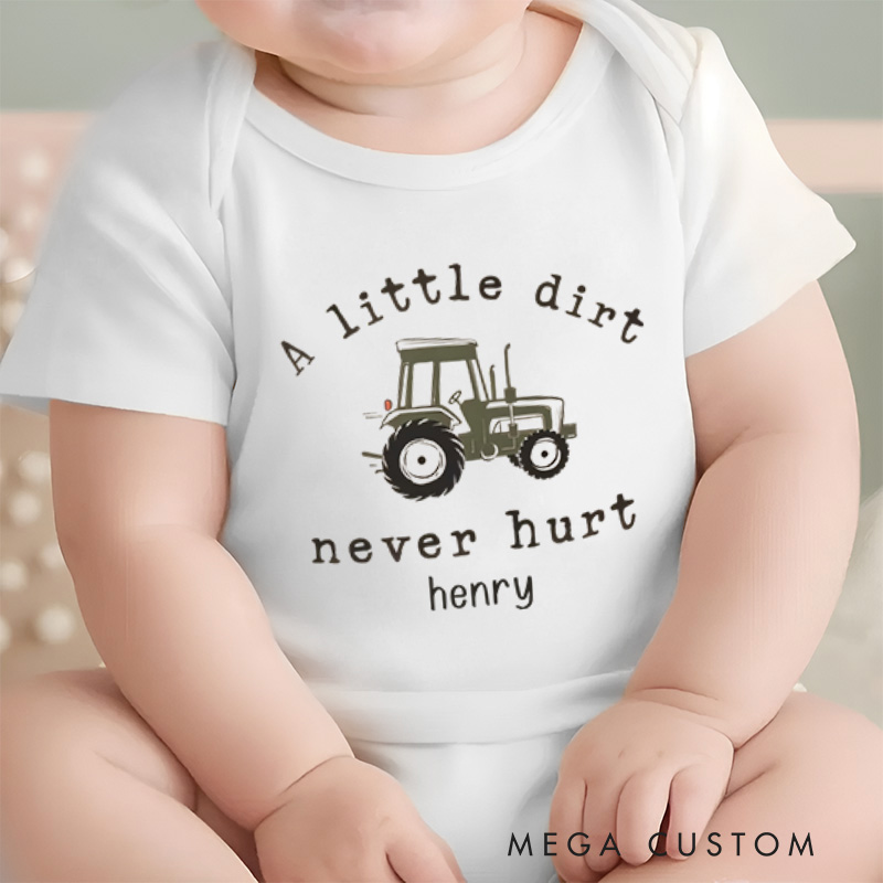Personalized A Little Dirt Never Hurt Baby Onesie Tractor Baby Boy Gift Nursery Gift