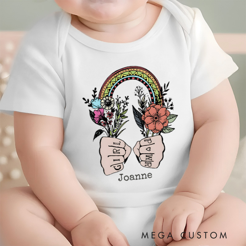 Personalized Girl Power Feminist Rainbow and Fists Baby Onesie Funny Baby Gift