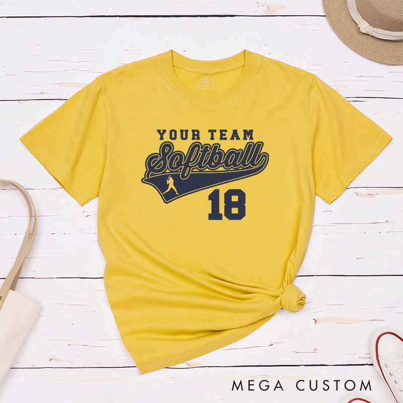 Personalized Softball Team T-Shirt Design Featuring Customizable Team Name Bold Script Softball Text Dynamic Swoosh Element Player Silhouette and Custom Number