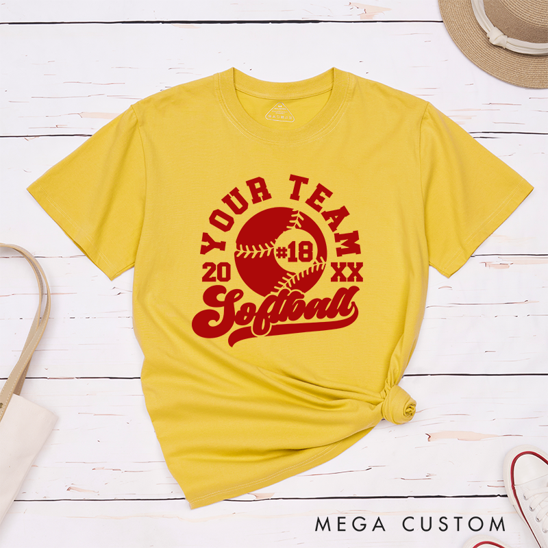 Personalized Softball Team T-Shirt Design Featuring Customizable Team Name Bold Softball Graphic Player Number and Year