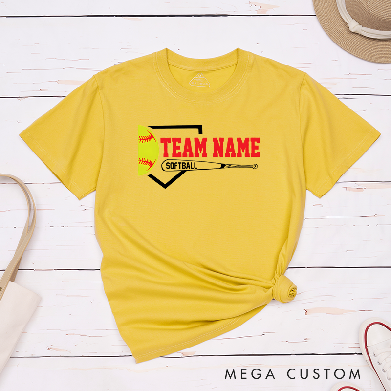 Personalized Softball Team T-Shirt Design Featuring Customizable Team Name Bold Home Plate Graphic Yellow Softball and Bat Element
