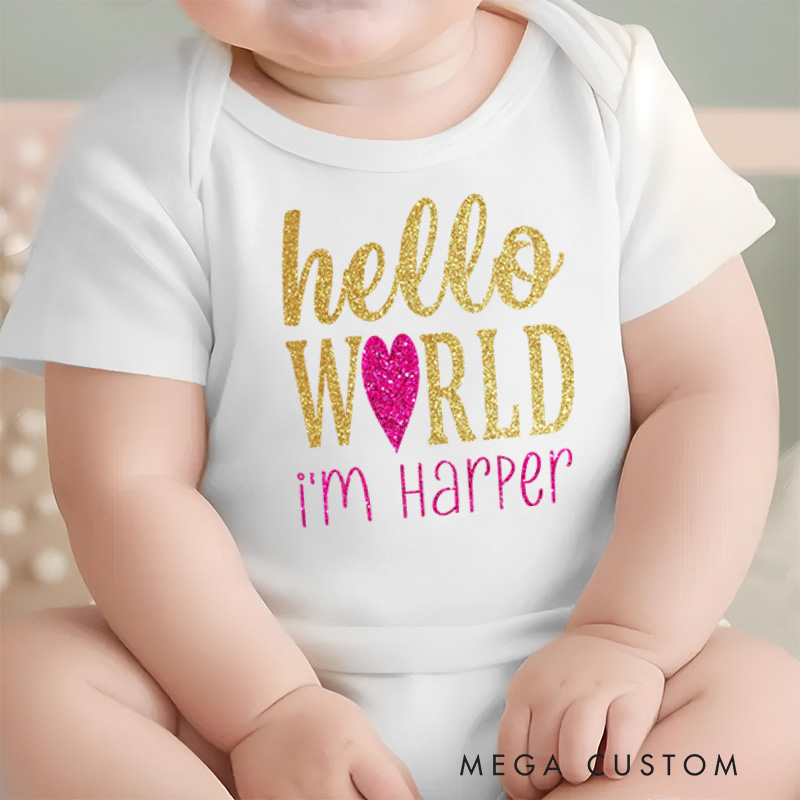 Personalized Hello World Glitter Baby Onesie Baby Announcement Gift