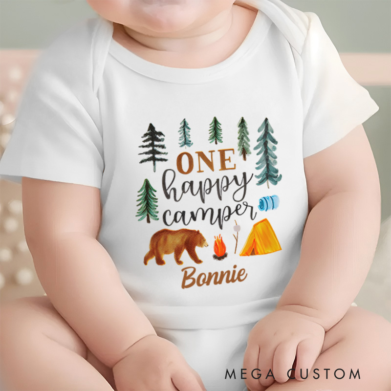 Personalized One Happy Camper Baby Onesie First Birthday Gift