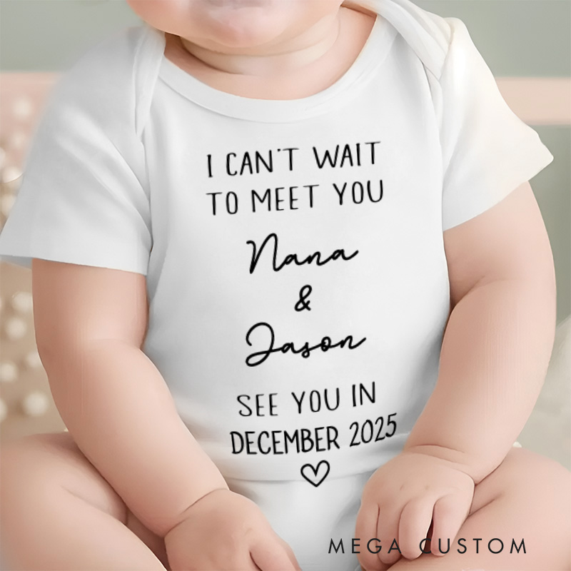 Personalized I Can't Wait To Meet You Baby Onesie Announcement Reveal Gift