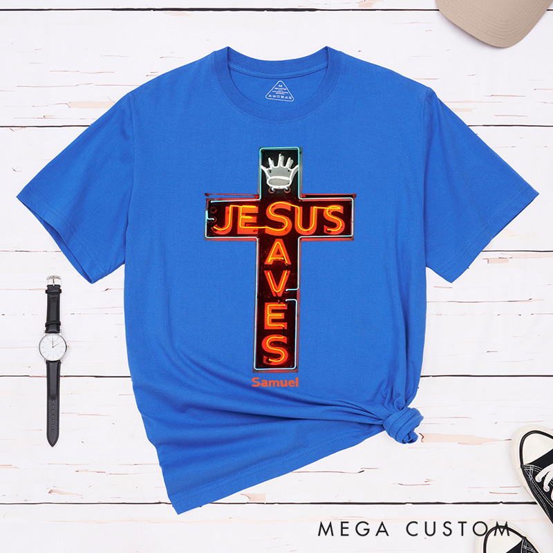 Personalized Jesus Saves Classic Cotton T-Shirt with Name Modern Neon Lights Style Cross Shirt Religious Gift for Christians