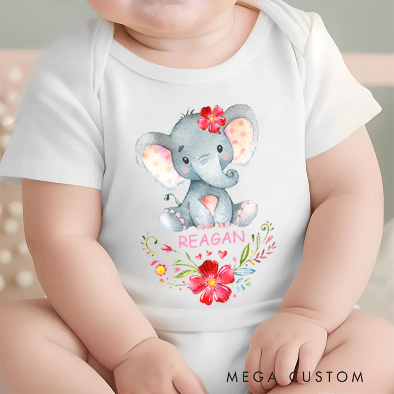 Personalized Adorable Floral Elephant Cute Watercolor Design with Flowers Perfect for Kids and Baby Onesie