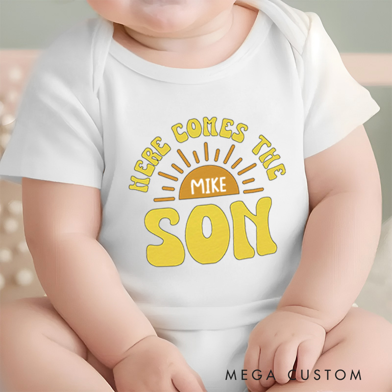 Personalized Here Comes The Son Baby Onesie Cute Sunshine Baby Onesie New Baby Gift