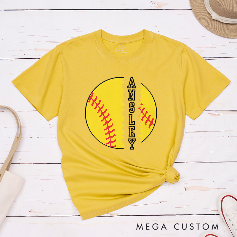 Personalized Softball T-Shirt Design Featuring Torn Softball Graphic and Customizable Vertical Name Text for a Bold and Unique Look
