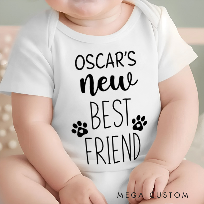 Personalized New Best Friend Baby Onesie with Dog Name New Baby Girl Boy Gift