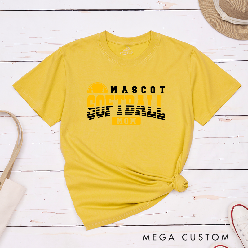 Personalized Softball Mom T-Shirt Design Featuring Custom Team Name Bold Gradient Typography Central Softball Graphic and Highlighted "Mom" Element