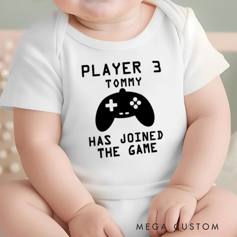 Personalized Player 3 Has Joined the Game Fun Gaming for Growing Families Baby Onesie
