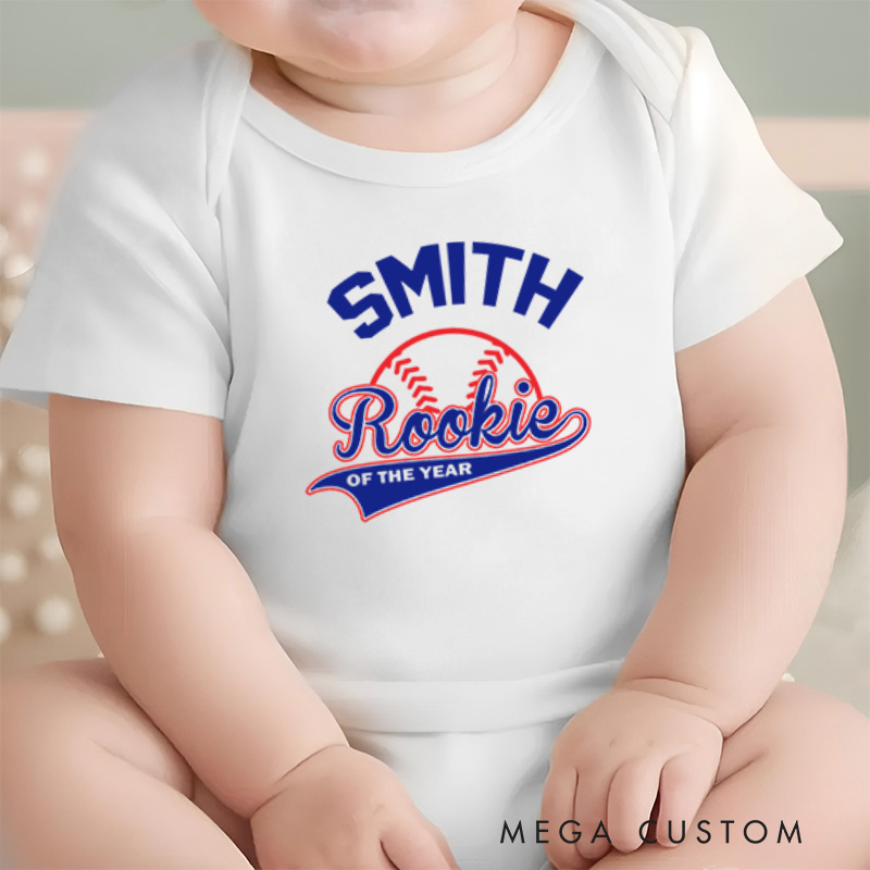 Personalized Rookie of the Year Fun Baseball Themed Design for Newcomers Baby Onesie