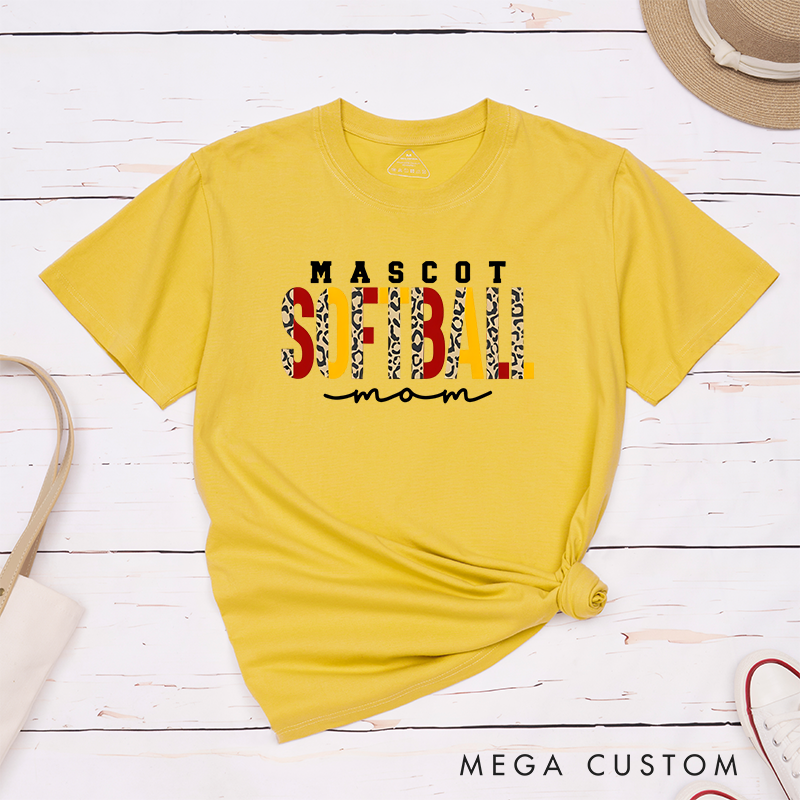 Personalized Softball Mom T-Shirt Design Featuring Custom Team Name Leopard Print Bold Typography and Stylish Script Accent