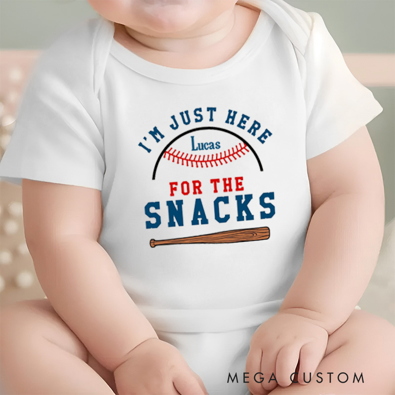 Personalized I'm Just Here for the Snacks Fun Baseball Snack Lover Design Baby Onesie