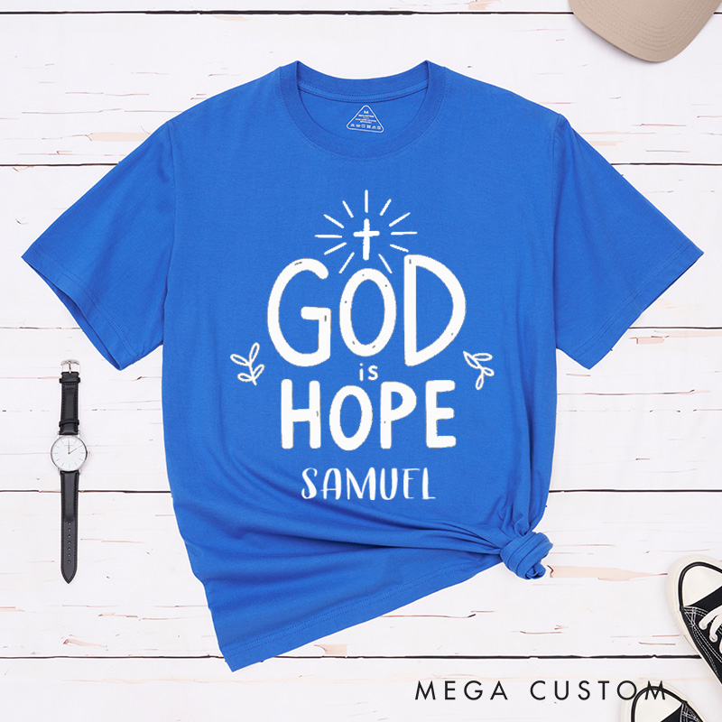 Personalized God Is Hope Classic T-Shirt with Name Small Leaf Christian Shirt Faith Based Shirt Gift for Christians
