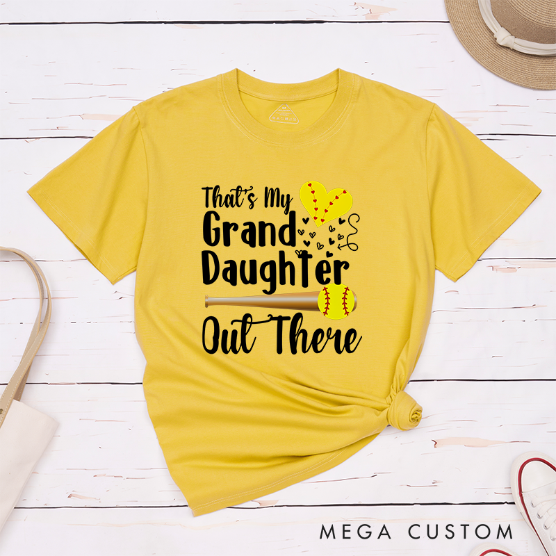Personalized Softball Support T-Shirt Design Featuring Customizable Text for Granddaughter or Other Titles Bold Typography Heart-Shaped Stitching Graphic Softball Bat and Ball Elements