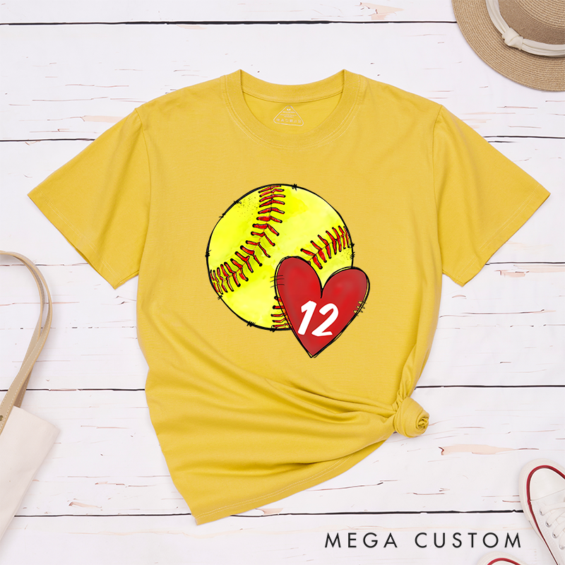 Personalized Softball T-Shirt Design Featuring Hand-Drawn Softball Graphic Heart Element and Customizable Player Jersey Number for a Unique Supportive Look