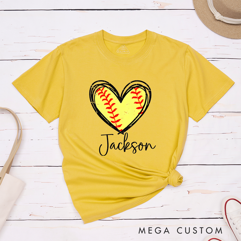 Personalized Softball Heart T-Shirt Design Featuring Custom Name and Vibrant Softball Stitching Graphic