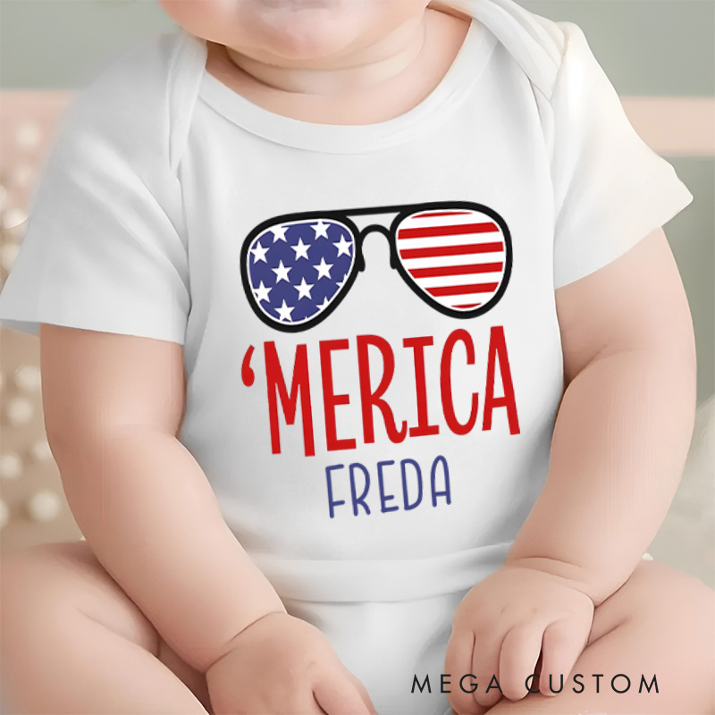 Personalized Merica Glasses Fourth of July Baby Onesie Newborn Baby Gift