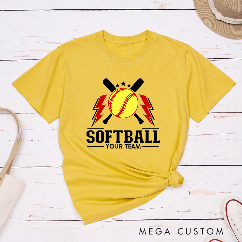 Personalized Softball Team T-Shirt Design Featuring Customizable Team Name Bold Softball Graphics Crossed Bats and Striking Lightning Elements