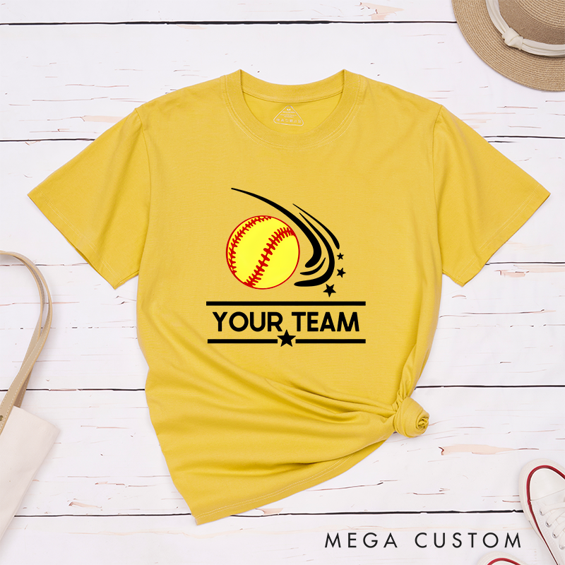 Personalized Softball Team T-Shirt Design Featuring Customizable Team Name Dynamic Softball Motion Graphic and Star Accents