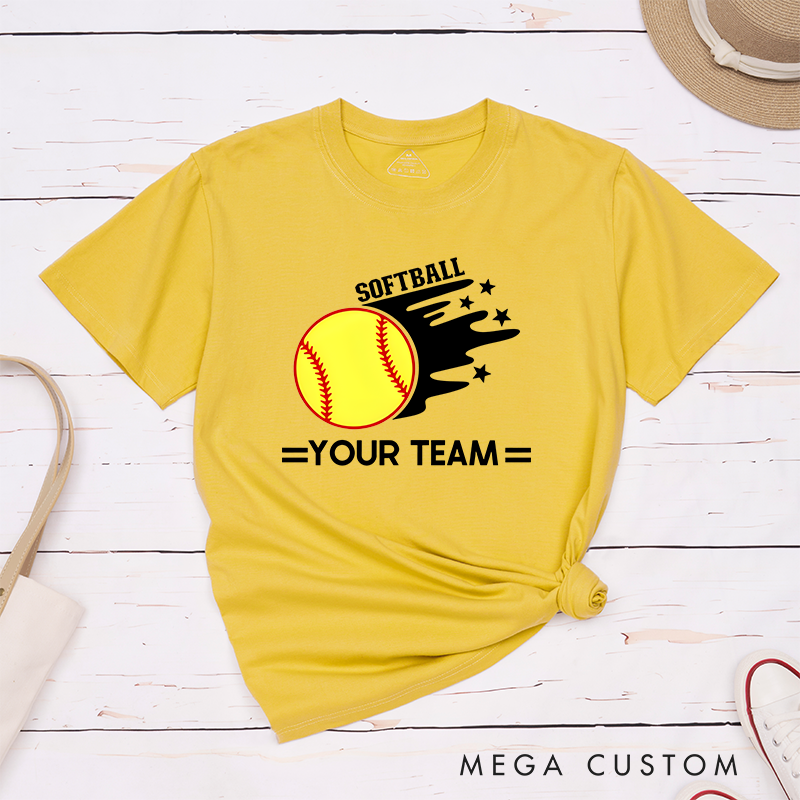 Personalized Softball Team T-Shirt Design Featuring Customizable Team Name Bold Motion Trail Graphic with Stars and Striking Softball Element