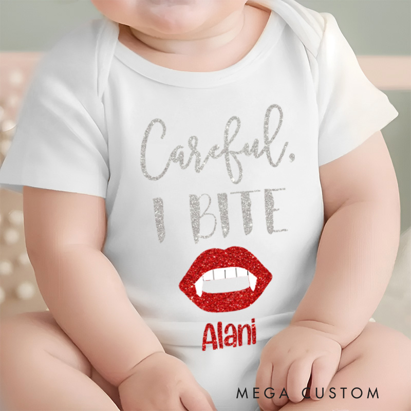 Personalized Careful I Bite Halloween Vampire Baby Onesie 1st Halloween Baby Gift