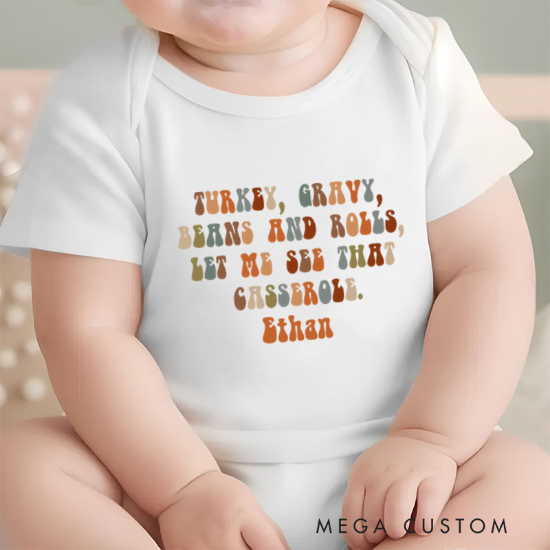 Personalized Turkey Gravy Beans and Rolls Let Me See That Casserole Baby Onesie Thanksgiving Baby Gift