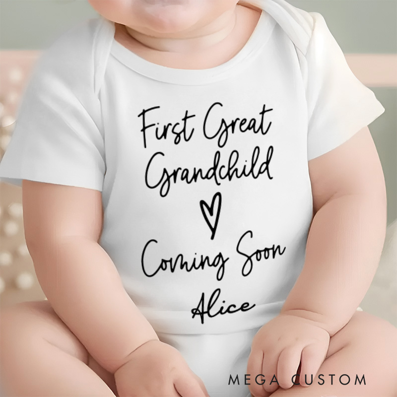 Personalized First Great Grandchild Announcement Baby Onesie Pregnancy Reveal Gift