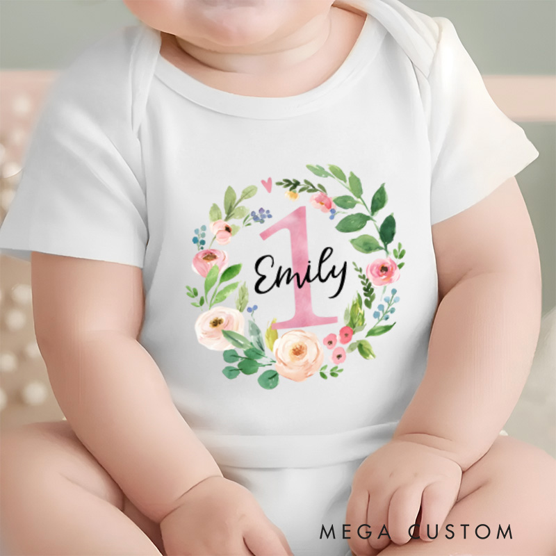 Personalized First Birthday Baby Onesie with Your Name Floral Birthday Gift Newborn Gift