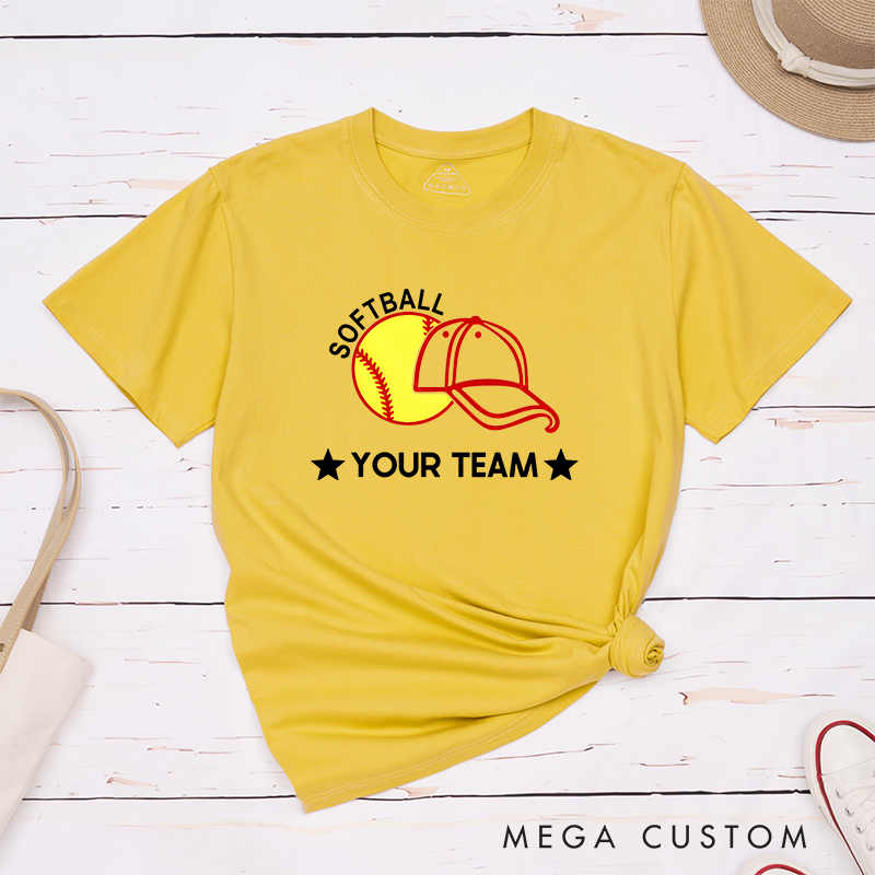 Personalized Softball Team T-Shirt Design Featuring Customizable Team Name Bold Softball Graphic and Baseball Cap Element