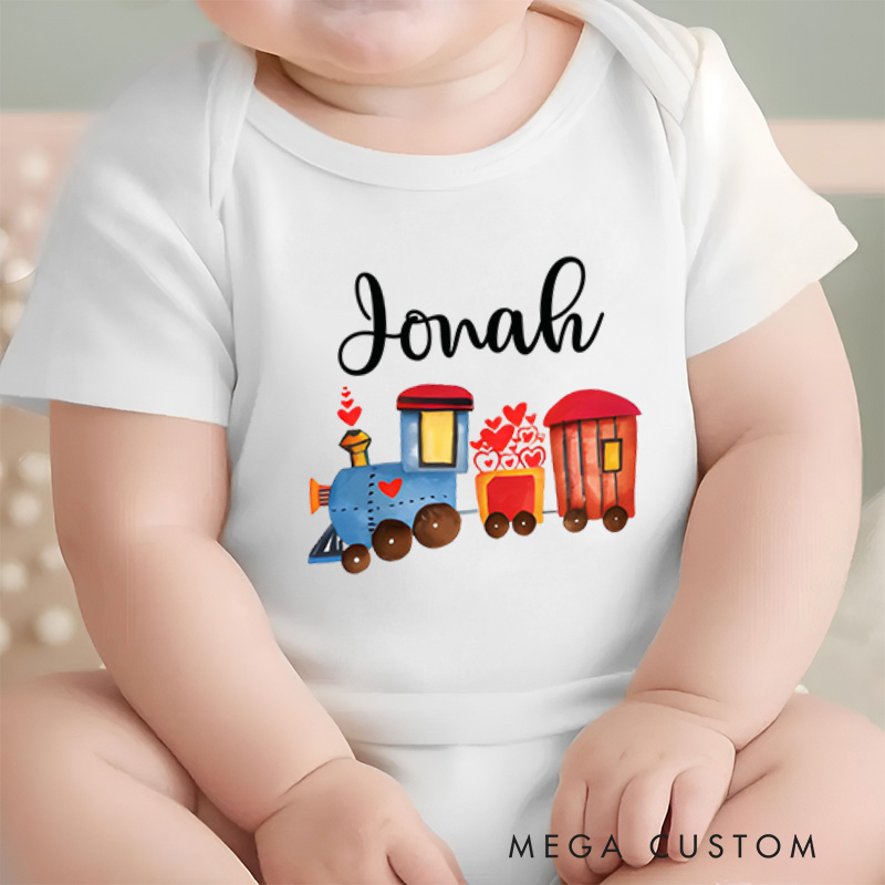 Personalized Valentine's Train Design with Hearts Baby Onesie Funny Baby Gift