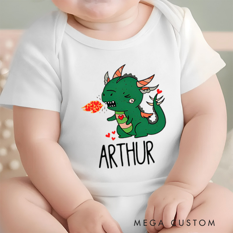 Personalized Cute Dragon Design with Hearts and Fire Baby Onesie Valentine's Day Baby Gift