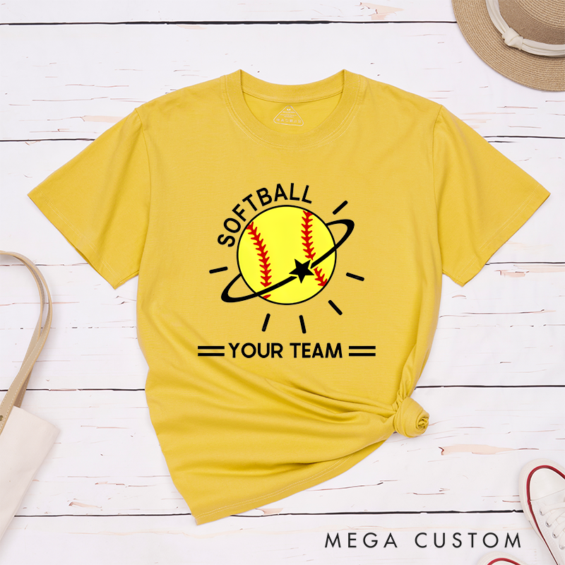 Personalized Softball Team T-Shirt Design Featuring Customizable Team Name Vibrant Softball Graphic with Orbiting Star and Radiating Lines