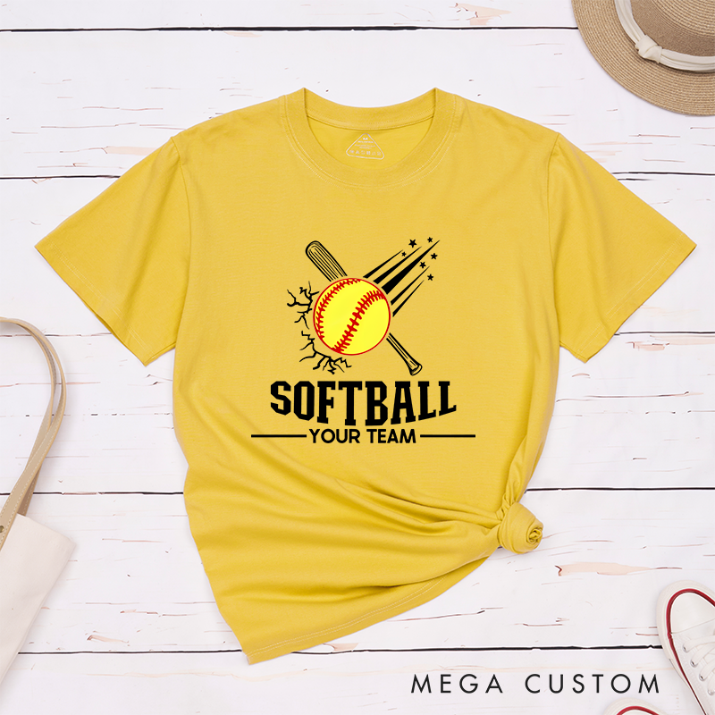 Personalized Softball Team T-Shirt Design Featuring Customizable Team Name Explosive Softball Graphic with Bat and Shooting Star Accents