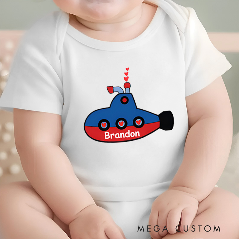 Personalized Submarine with Hearts Valentine's Baby Onesie Gift for Baby and Ocean Lovers