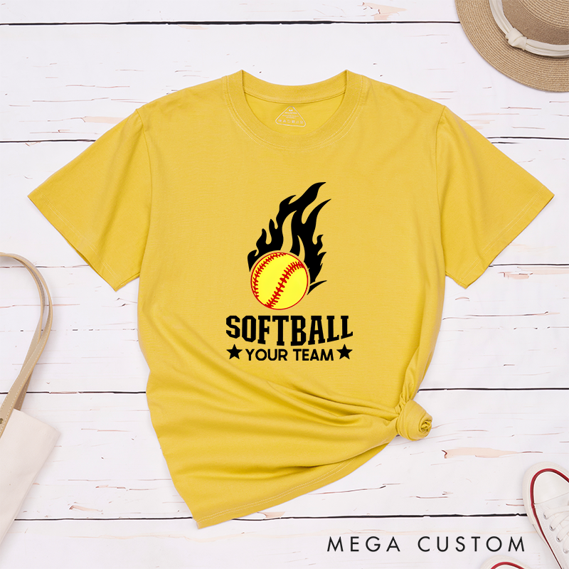 Personalized Softball Team T-Shirt Design Featuring Customizable Team Name Fiery Softball Graphic with Bold Star Accents