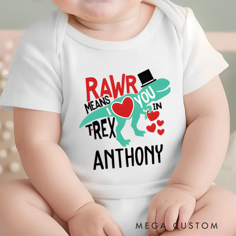 Personalized Rawr Means I Love You T-Rex Valentine's Baby Onesie Gift for Baby