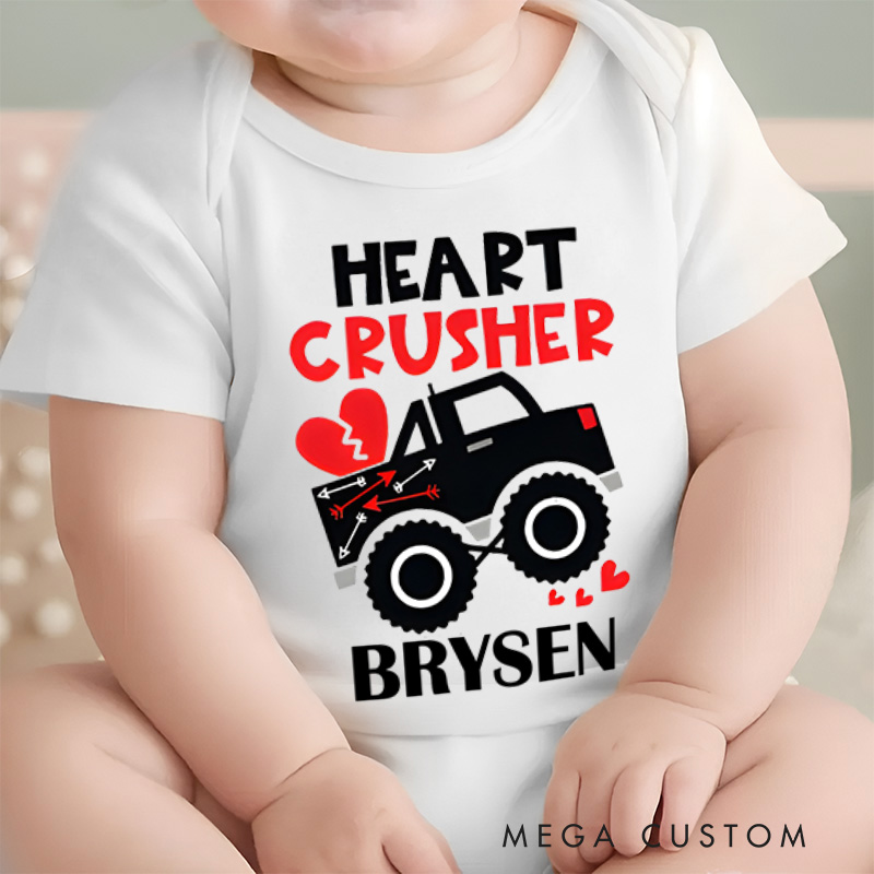 Personalized Heart Crusher Truck Valentine's Baby Onesie Gift for New Baby