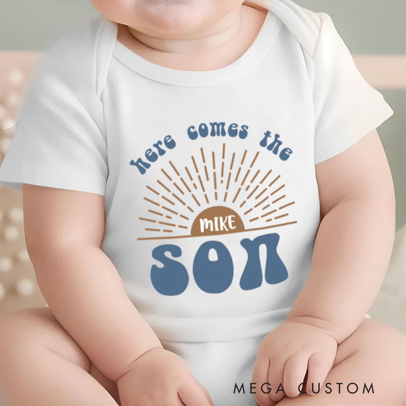 Personalized Here Comes The Son Baby Onesie Retro Announcement Gift