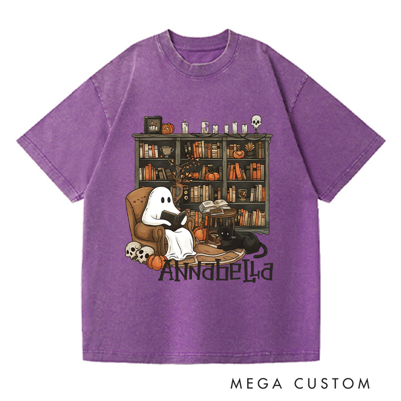 Personalized Retro Ghost Reading Books Washed T-Shirts Book Lover Shirt with Name Halloween Shirt Halloween Gifts Librarian Ghost Shirt