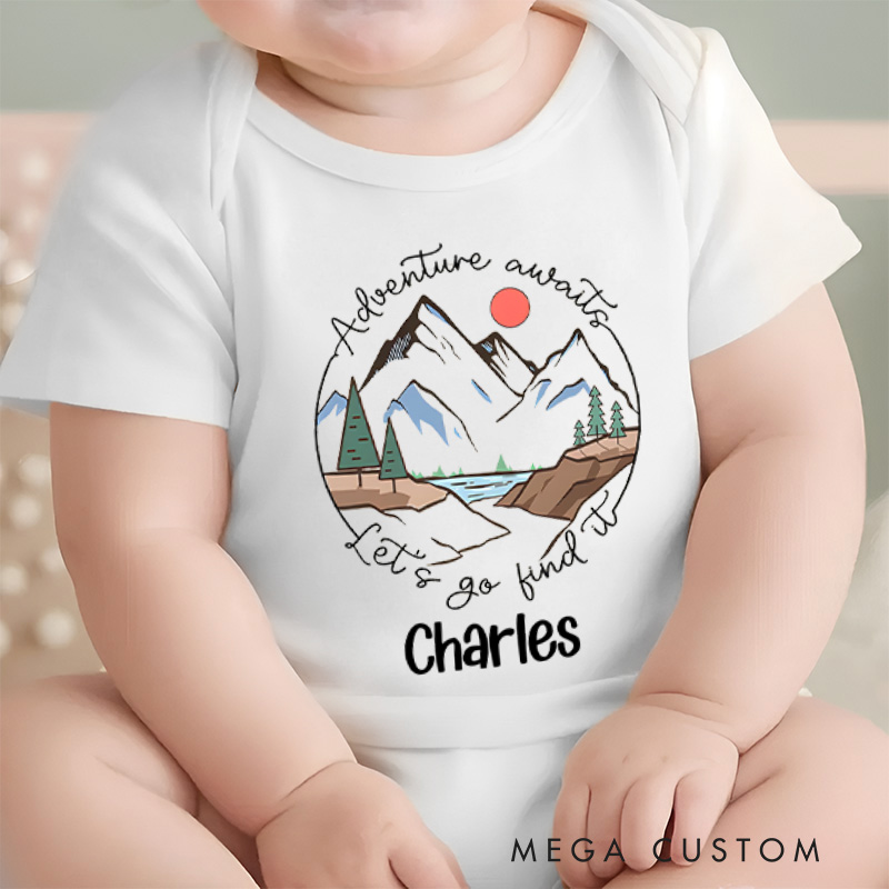 Personalized Adventure Awaits Lets Go Hike Mountain Baby Onesie Baby Shower Gift