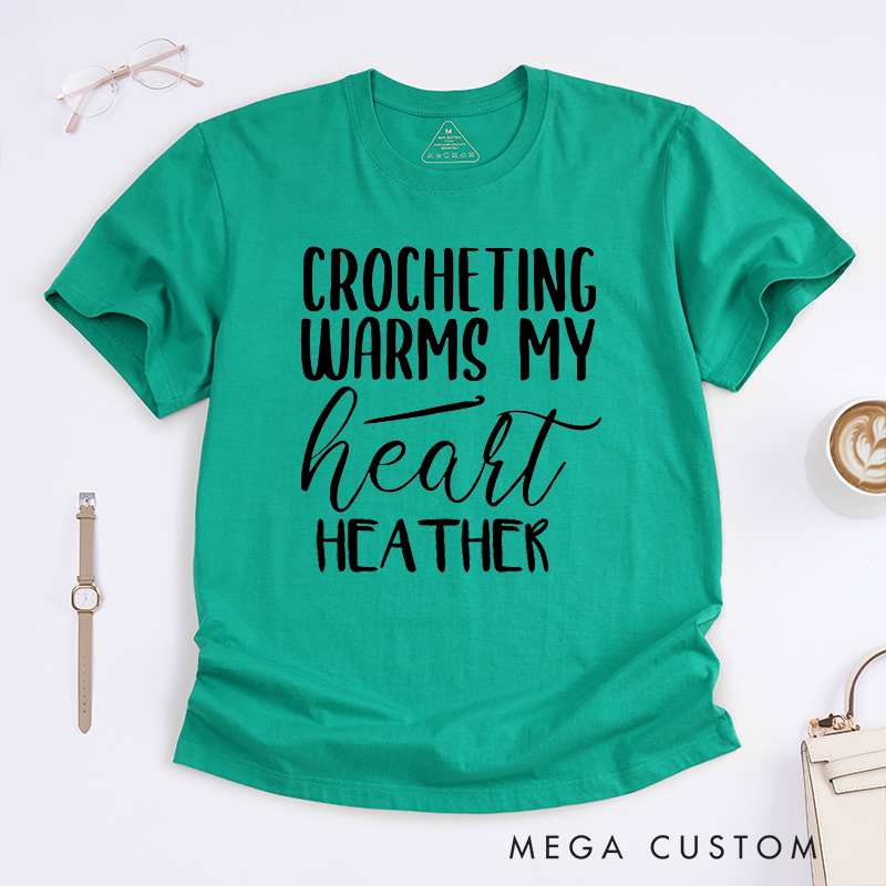 Personalized Crocheting Warms My Heart Classic T-Shirts Gift for knitting Lover Knitter Gift Tee Knitter Shirt