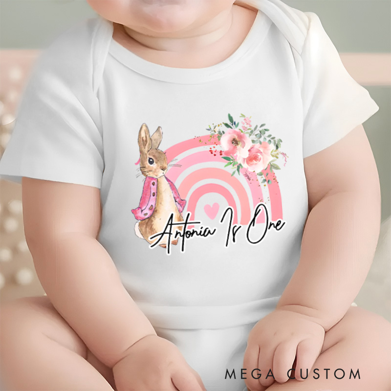 Personalized Rabbit Rainbow 1st Birthday Bodysuit Baby Onesie Funny Baby Girl Gift