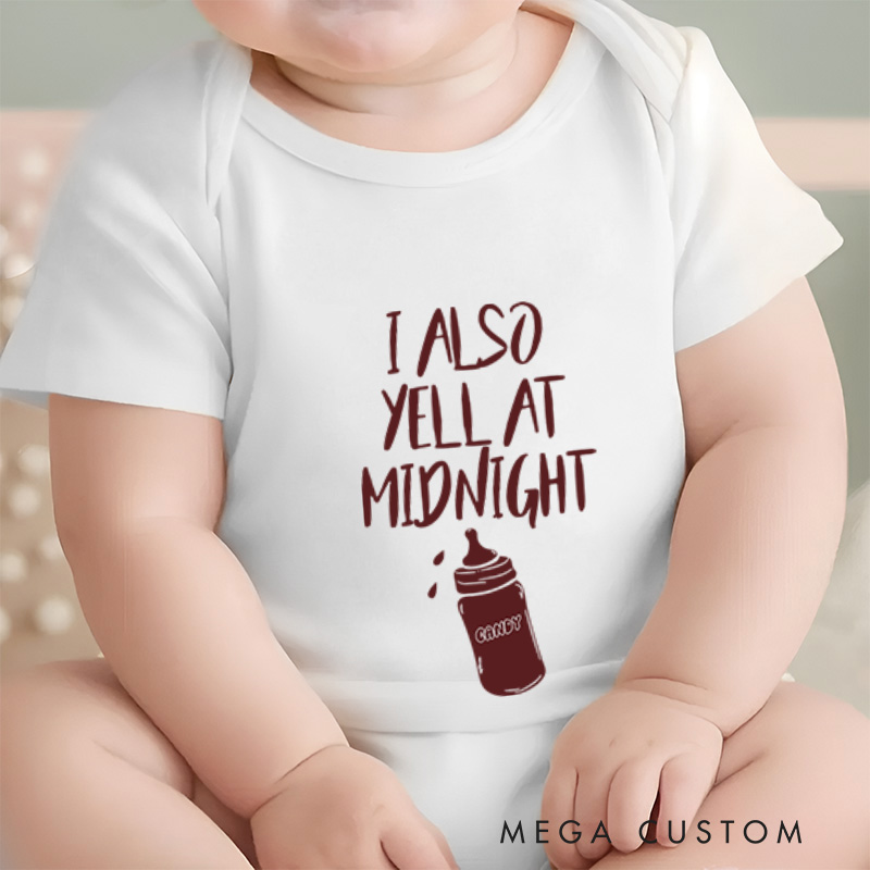 Personalized I Also Yell at Midnight Funny and Playful Baby Bottle Baby Onesie