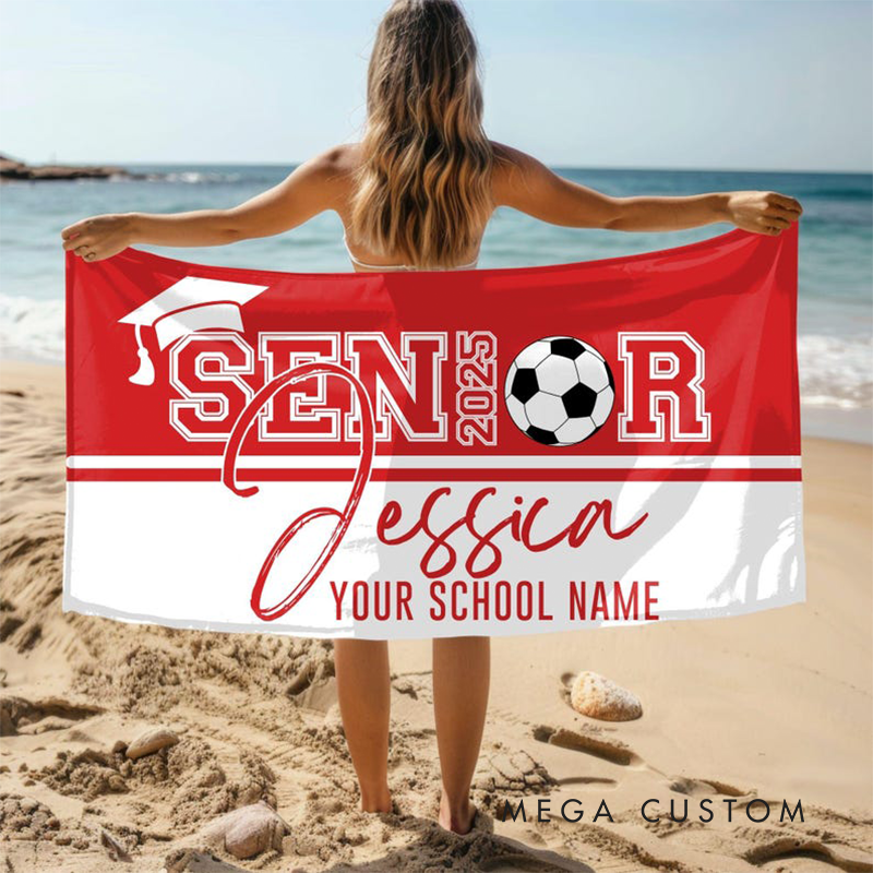Personalized Senior 2025 Sports Beach Towel with Custom Name School Name Graduation Cap Design and Choice of Sports Ball