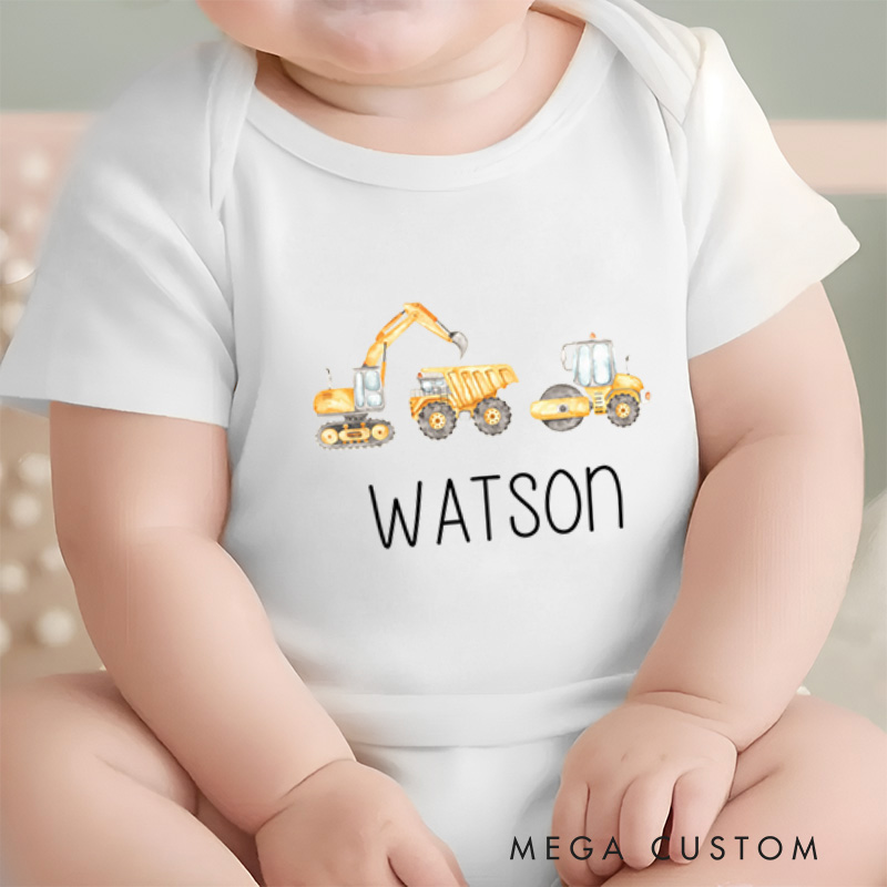 Personalized Construction Vehicle Themed Design for Kids and Families Baby Onesie